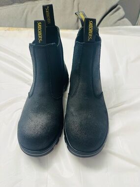 Skechers Black Chelsea Slip-On Work Boots with Yellow Pull Tabs